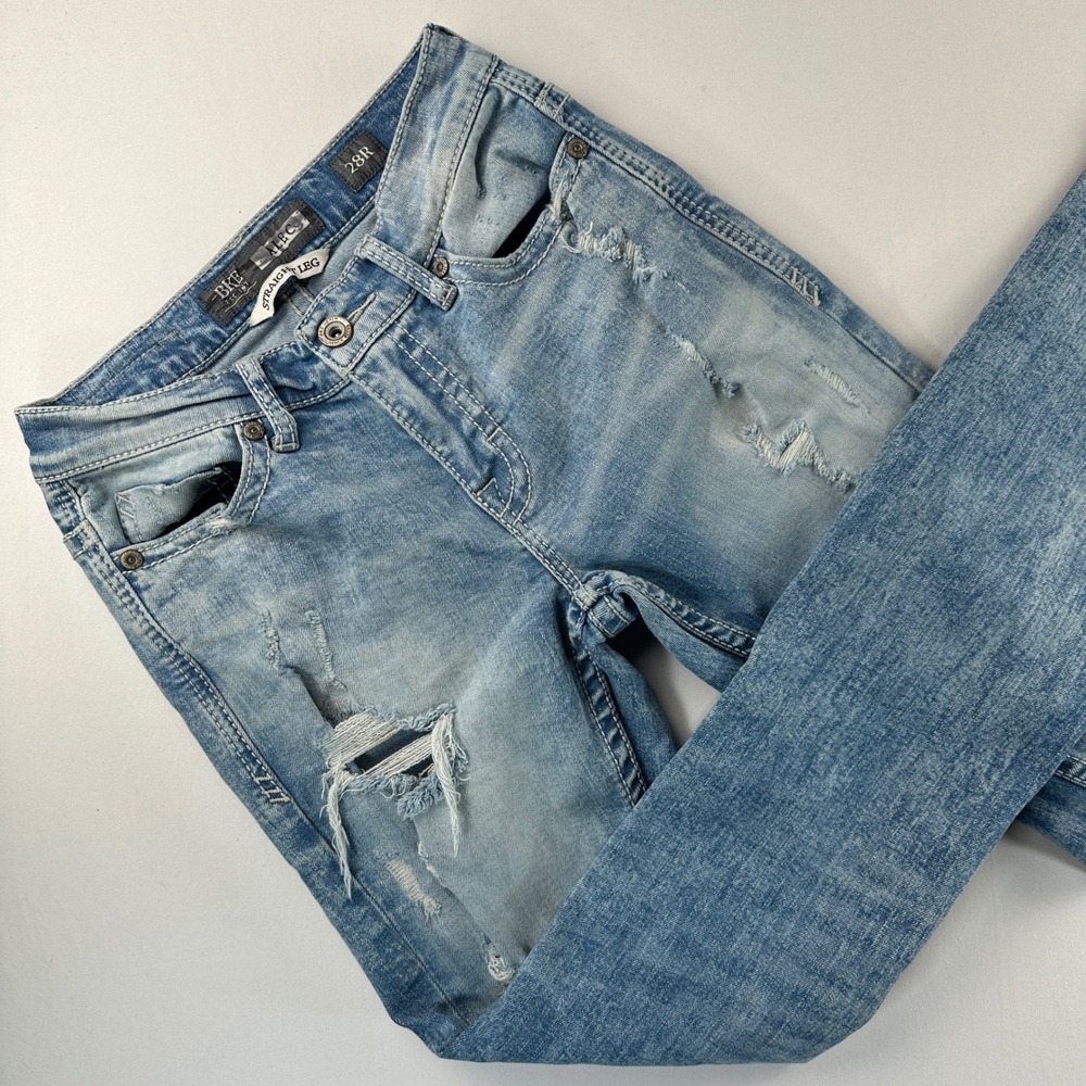 BKE Alec Straight Leg‎ Distressed Ripped Light Wash Denim Jeans Mens 28R